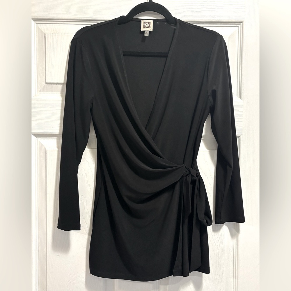 Anne Klein Black Long Sleeve Wrap Blouse Tunic Top Lightweight Flowy Size Small